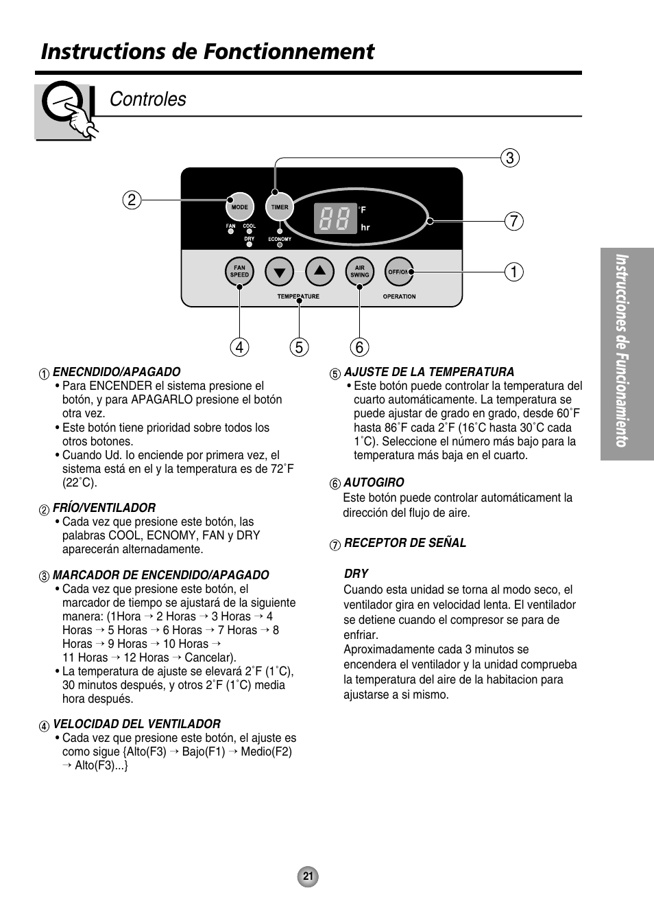 Instructions de fonctionnement, Controles, Instrucciones de funcionamiento | Panasonic CW-XC125HU User Manual | Page 21 / 36