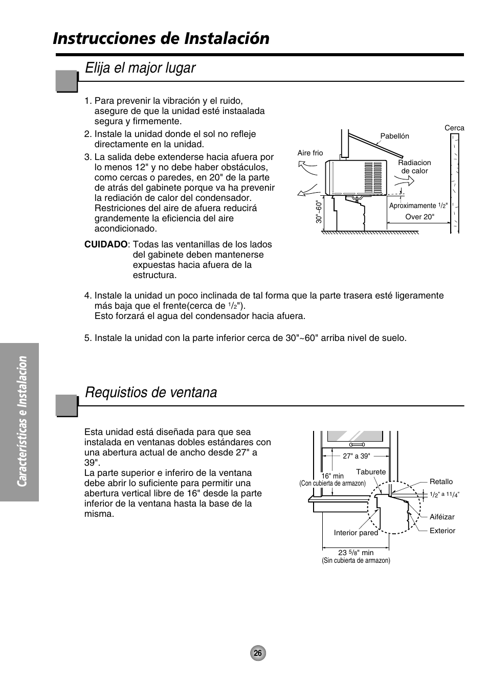 Instrucciones de instalación, Elija el major lugar, Requistios de ventana | Características e instalacion | Panasonic CW-XC125HU User Manual | Page 26 / 36