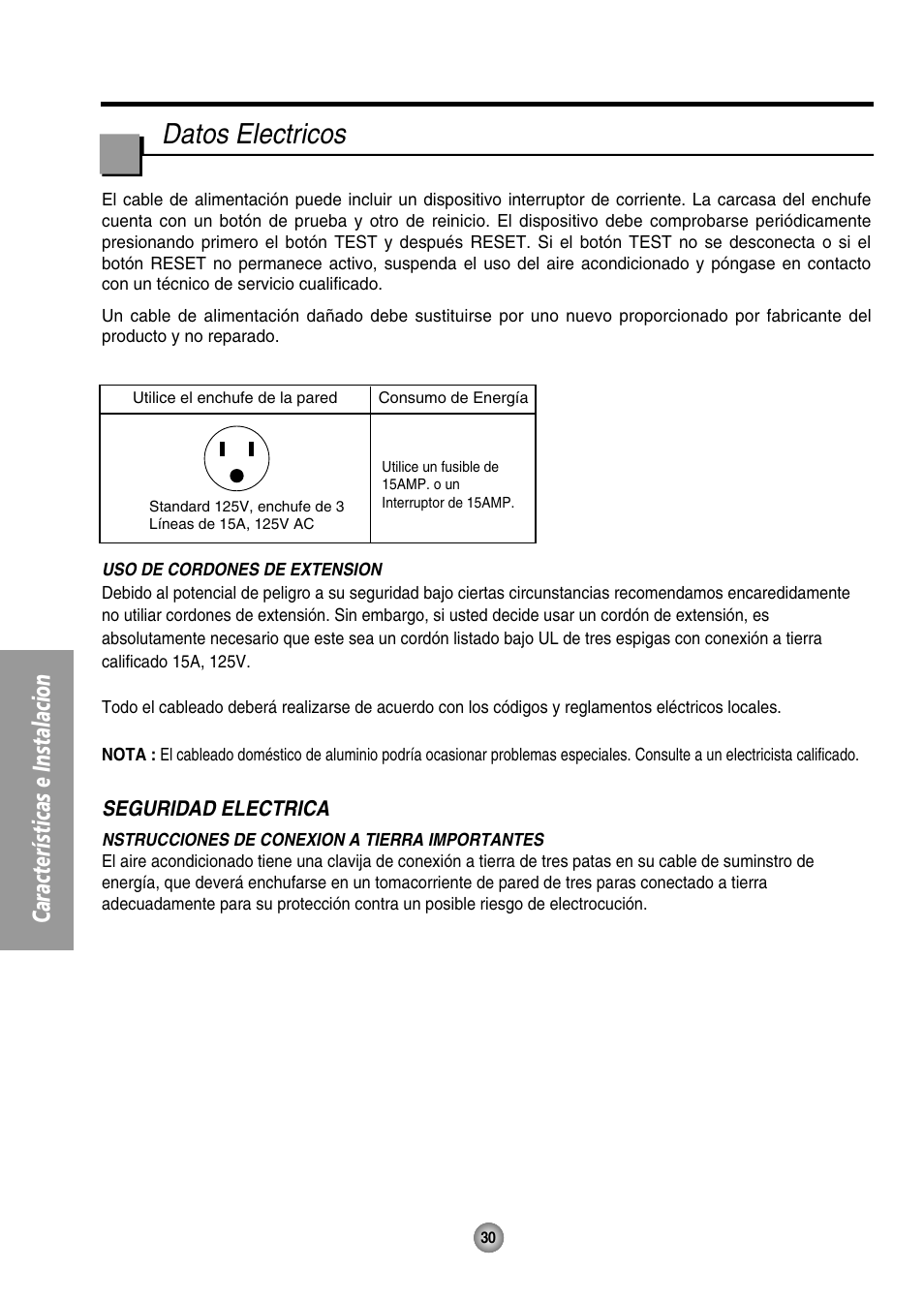 Datos electricos, Características e instalacion | Panasonic CW-XC125HU User Manual | Page 30 / 36