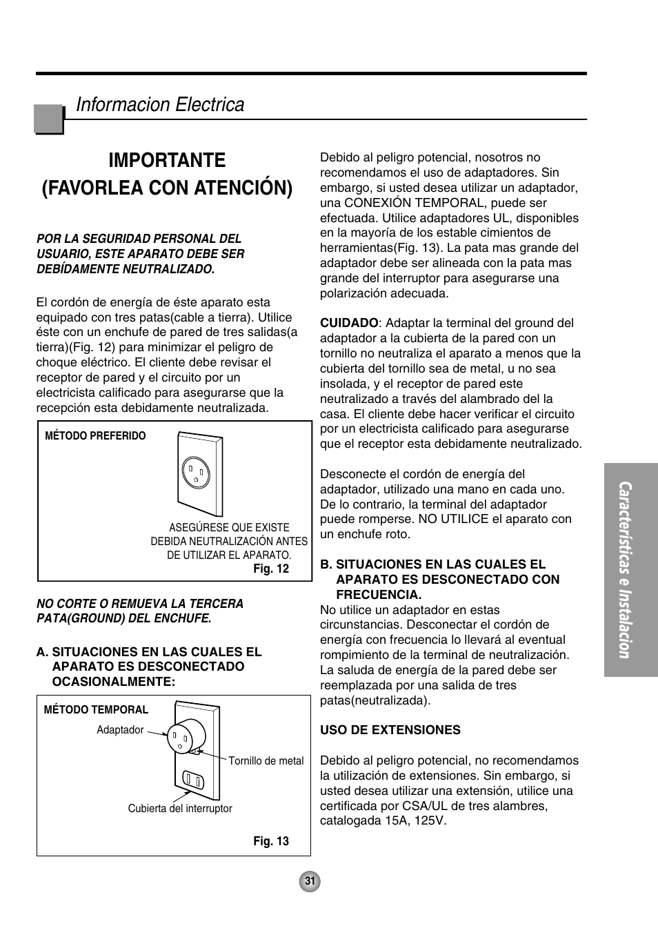 Características e instalacion | Panasonic CW-XC125HU User Manual | Page 31 / 36