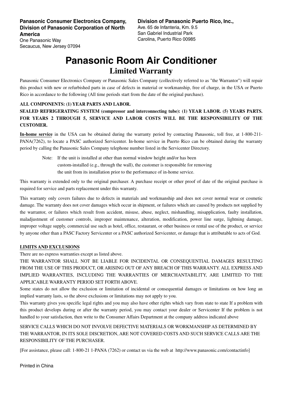 Panasonic room air conditioner, Limited warranty | Panasonic CW-XC125HU User Manual | Page 36 / 36