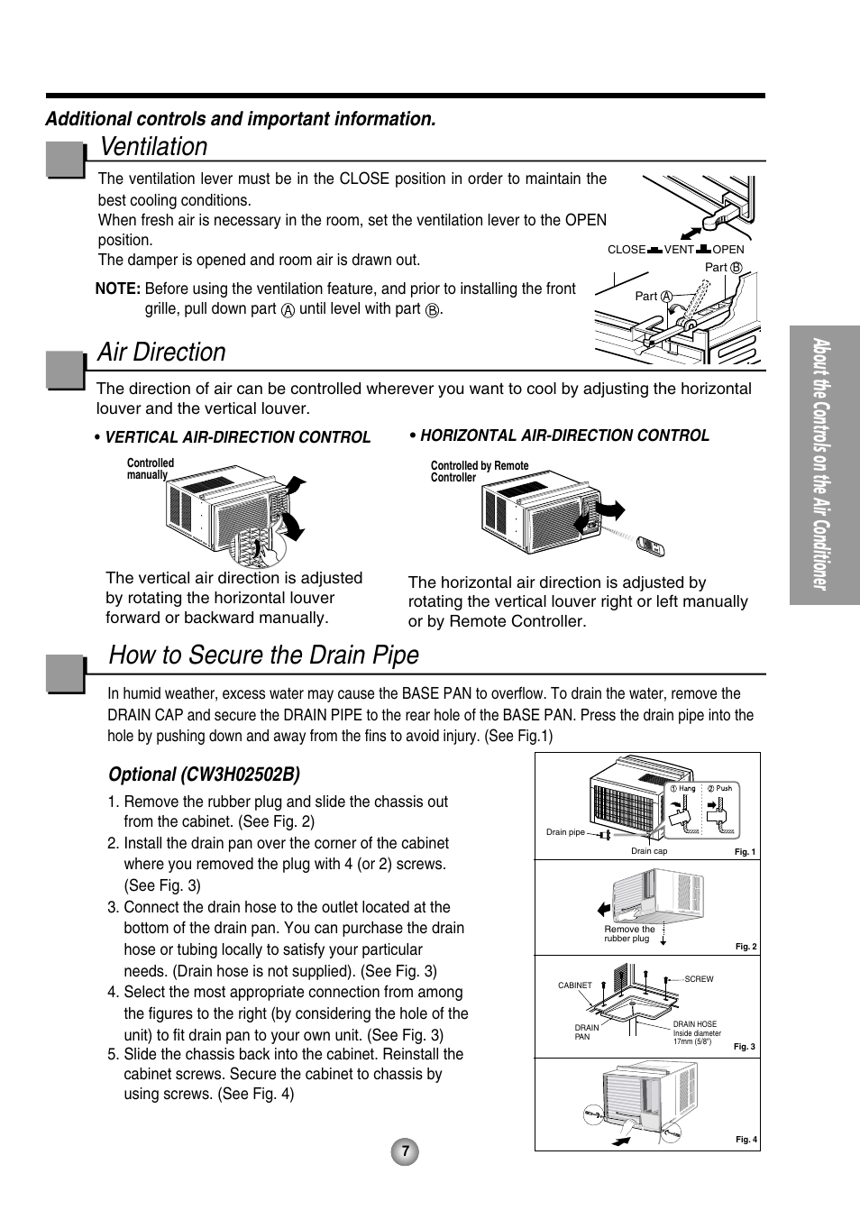 Ventilation, Air direction, How to secure drain pipe | How to secure the drain pipe, About the controls on the air conditioner, Additional controls and important information | Panasonic CW-XC125HU User Manual | Page 7 / 36