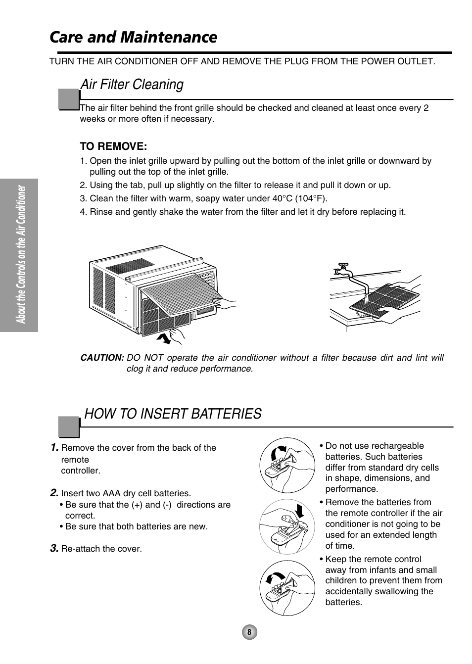 Care and maintenance, Air filter cleaning, How to insert batteries | About the controls on the air conditioner | Panasonic CW-XC125HU User Manual | Page 8 / 36