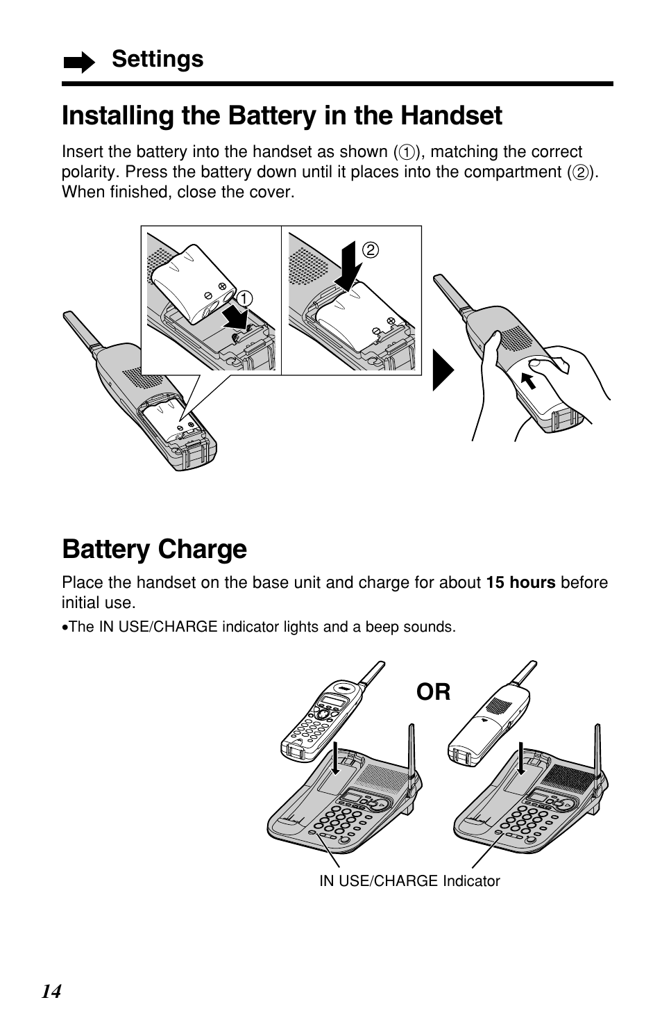 Battery charge, Installing the battery in the handset, Settings | Panasonic KX-TG2257S User Manual | Page 14 / 96