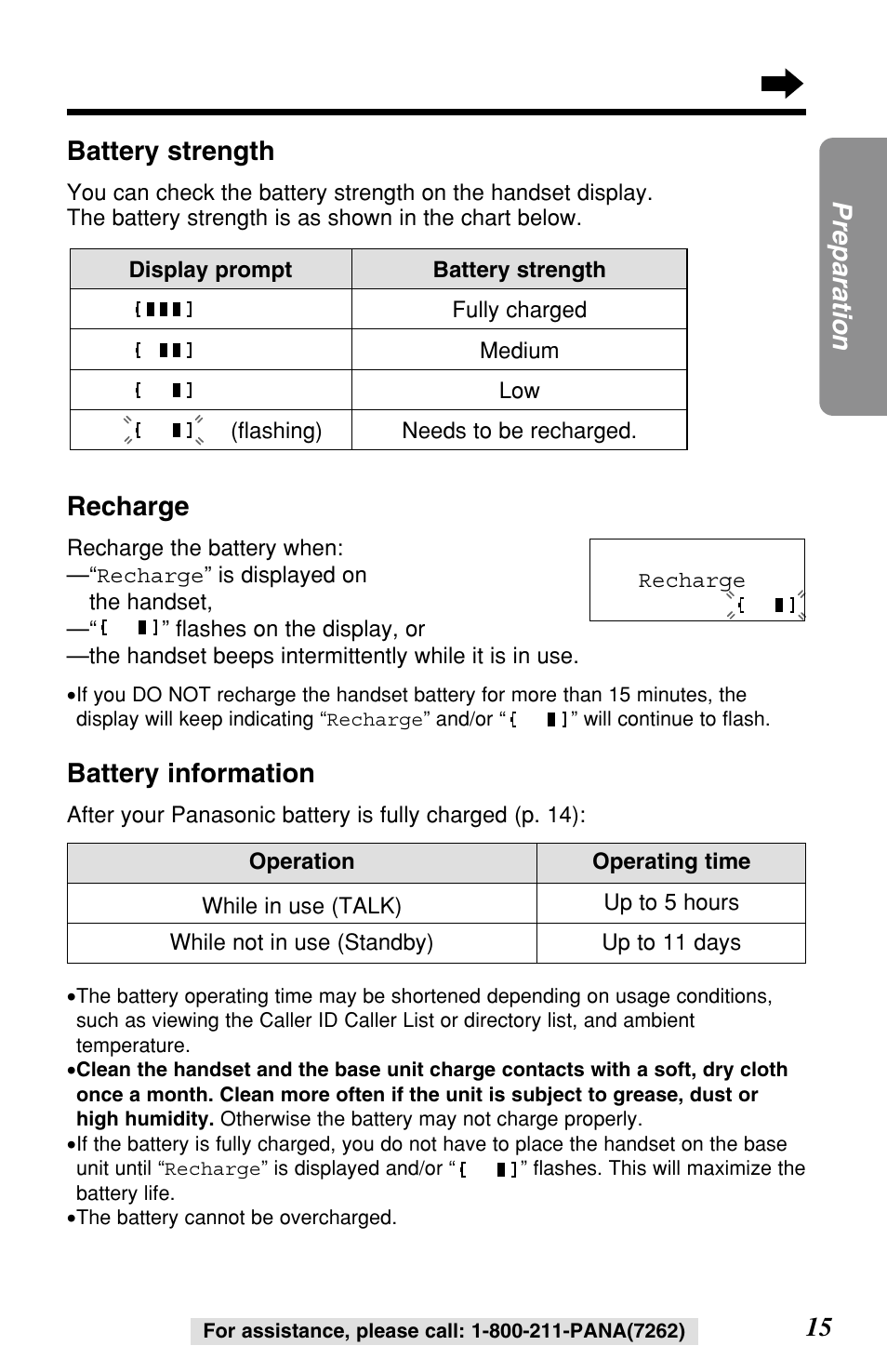 15 preparation, Recharge, Battery information | Battery strength | Panasonic KX-TG2257S User Manual | Page 15 / 96