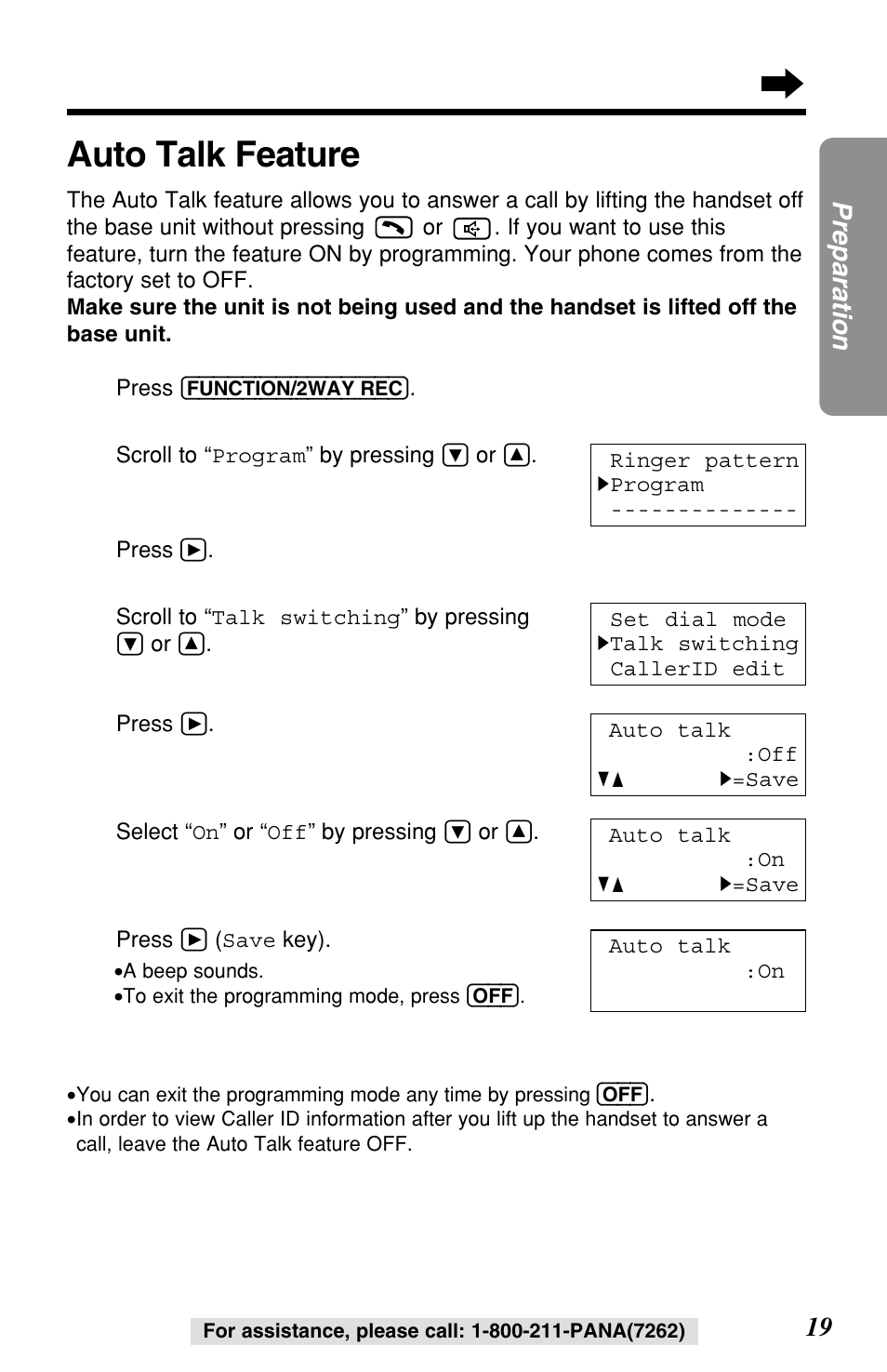 Auto talk feature | Panasonic KX-TG2257S User Manual | Page 19 / 96