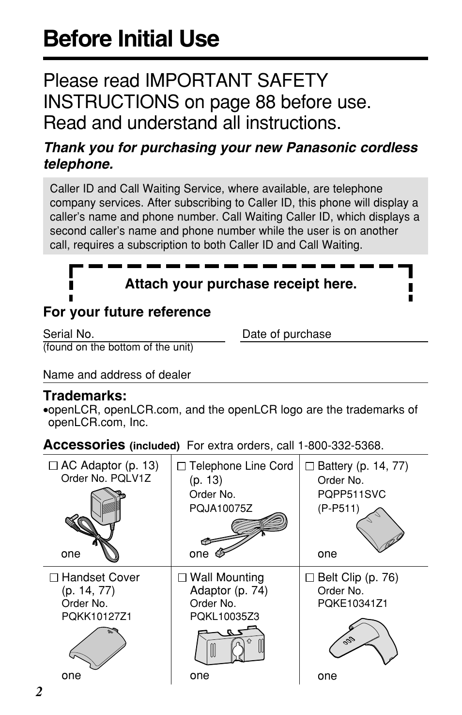 Before initial use | Panasonic KX-TG2257S User Manual | Page 2 / 96