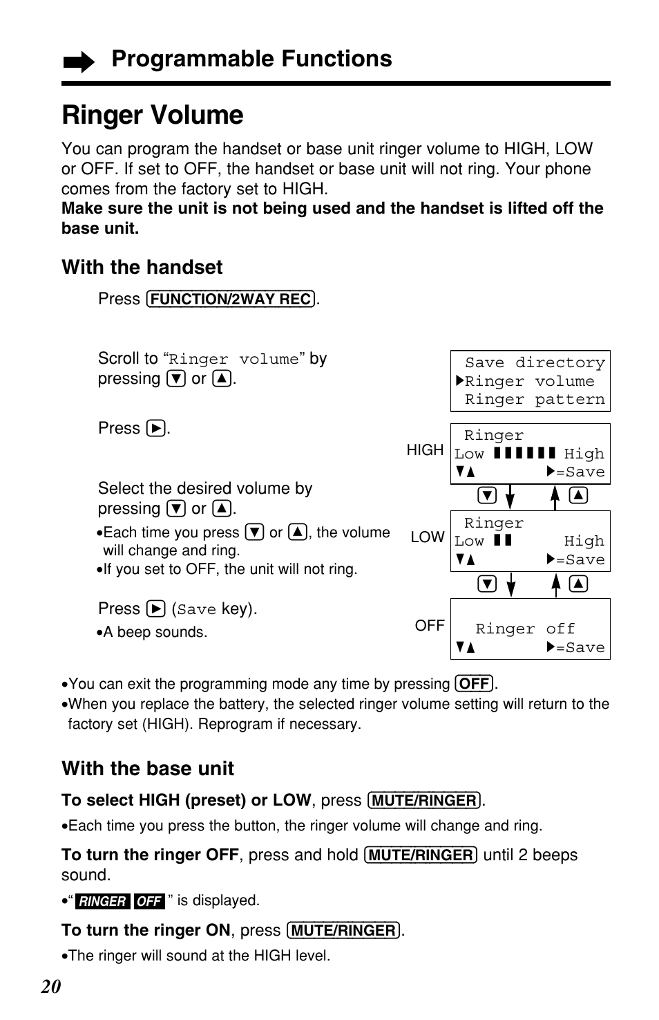 Ringer volume, Programmable functions | Panasonic KX-TG2257S User Manual | Page 20 / 96