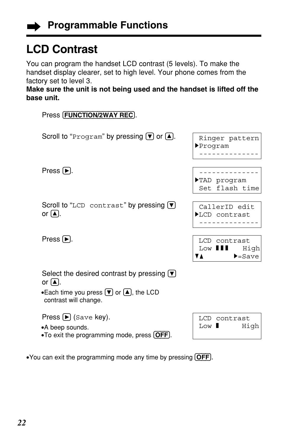 Lcd contrast, Programmable functions | Panasonic KX-TG2257S User Manual | Page 22 / 96