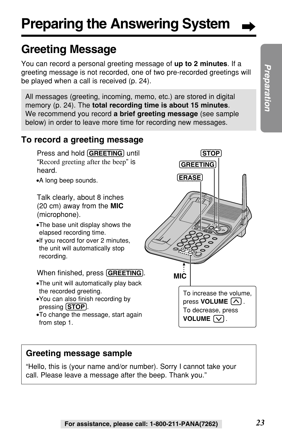 Preparing the answering system, Greeting message | Panasonic KX-TG2257S User Manual | Page 23 / 96