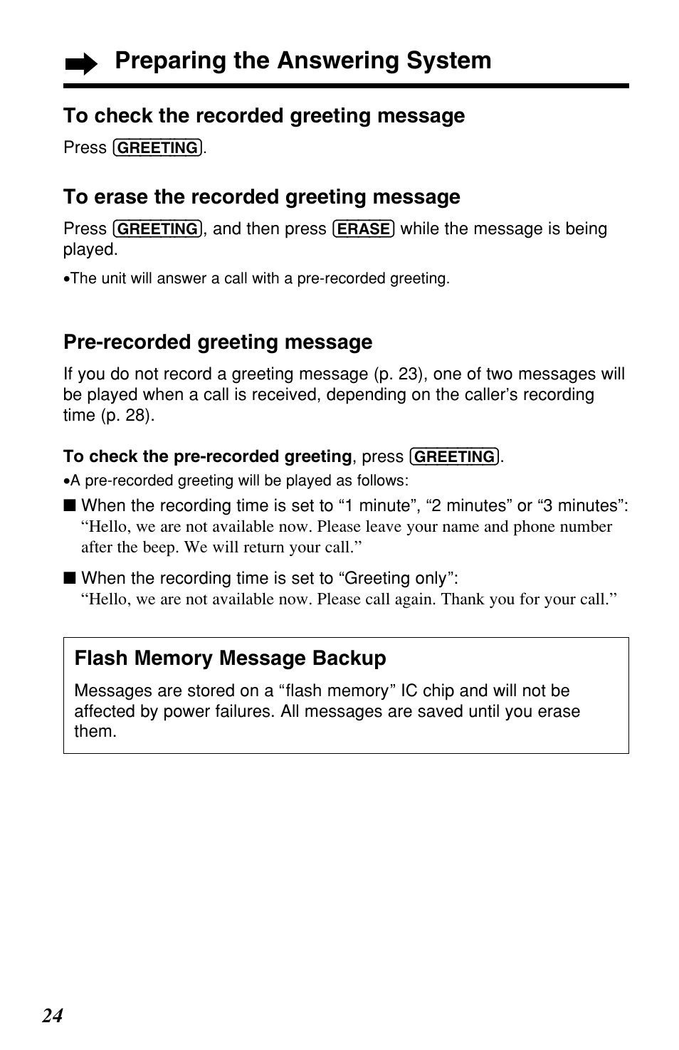 Preparing the answering system, Pre-recorded greeting message | Panasonic KX-TG2257S User Manual | Page 24 / 96