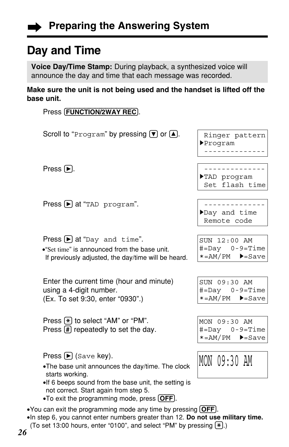 Mon 09:30 am, Day and time, Preparing the answering system | Panasonic KX-TG2257S User Manual | Page 26 / 96