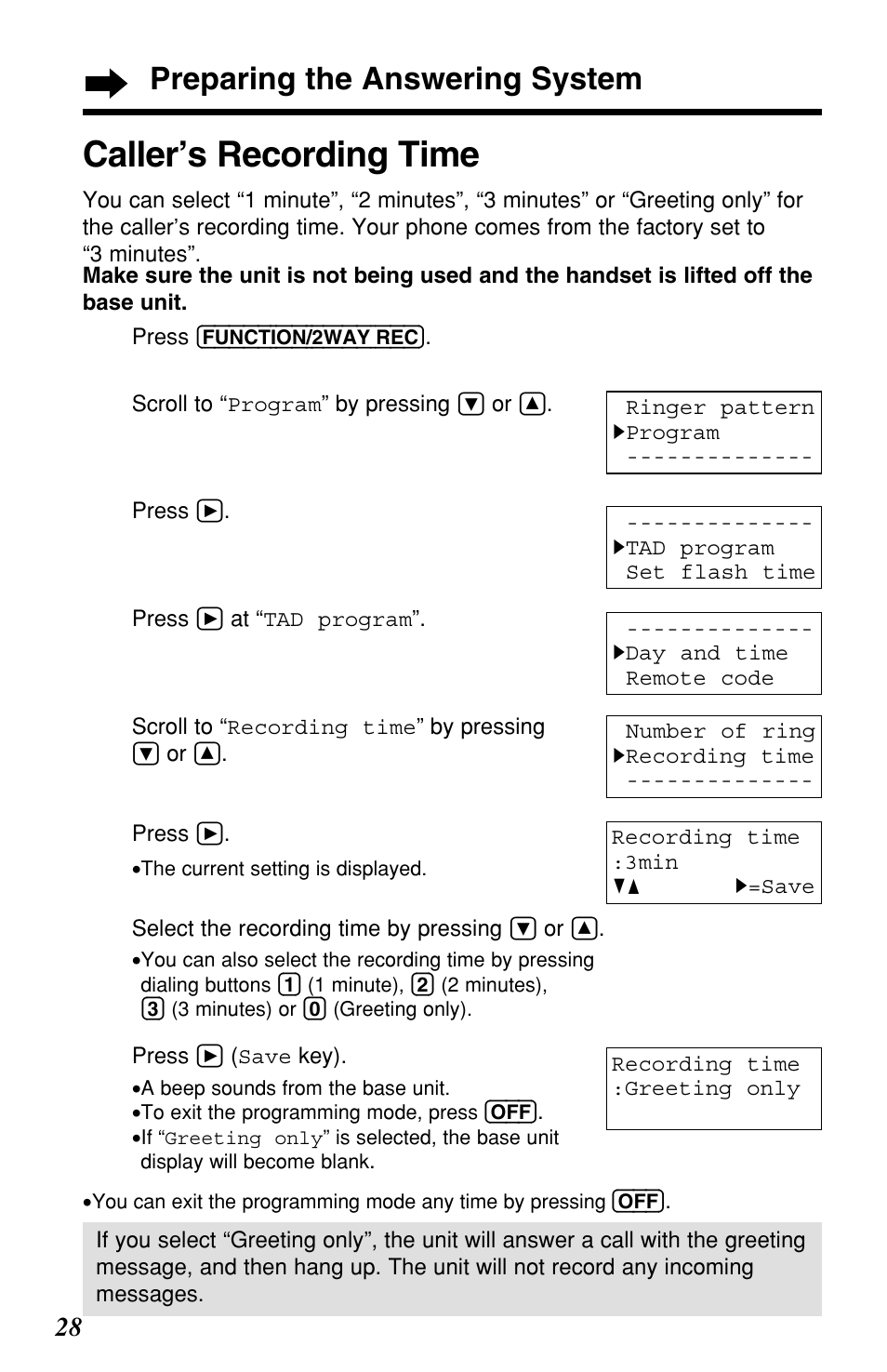 Caller’s recording time, Preparing the answering system | Panasonic KX-TG2257S User Manual | Page 28 / 96