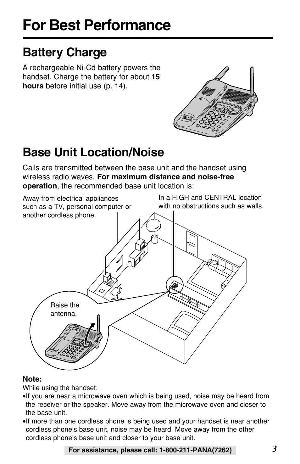 For best performance, Battery charge, Base unit location/noise | Panasonic KX-TG2257S User Manual | Page 3 / 96