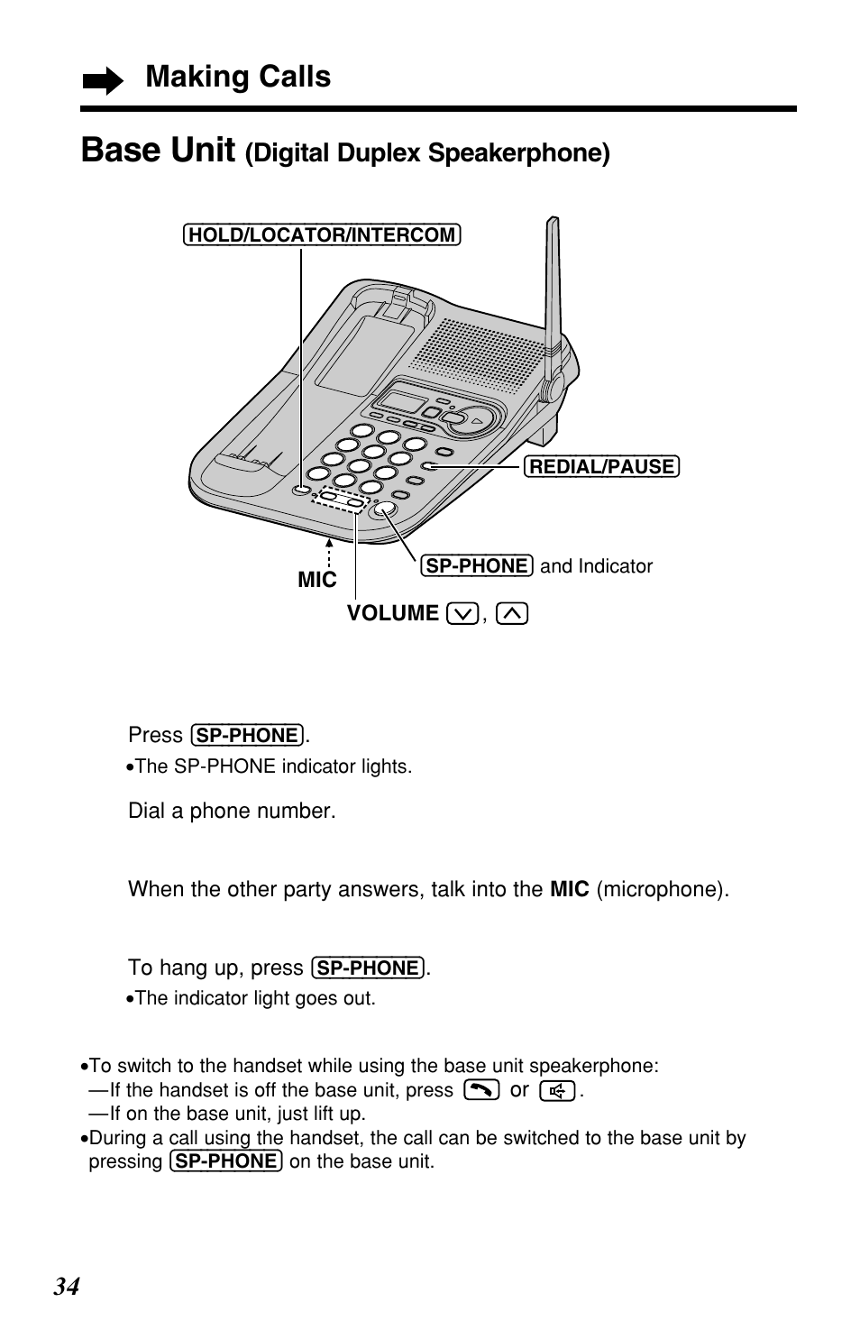 Base unit, Making calls | Panasonic KX-TG2257S User Manual | Page 34 / 96