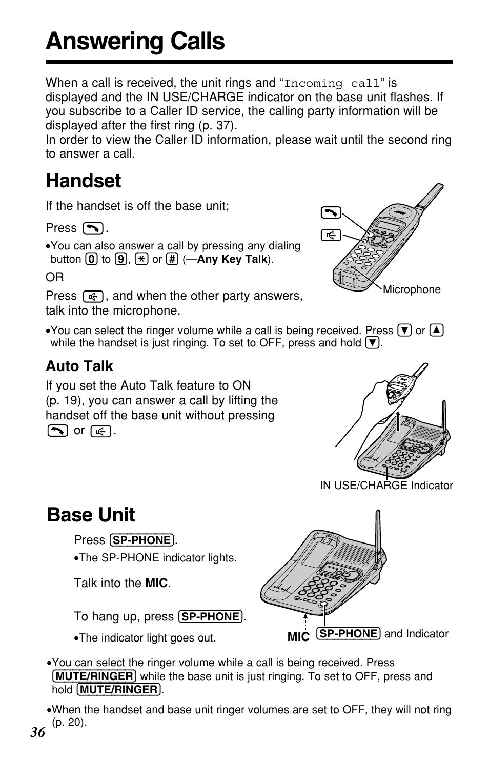 Answering calls, Handset, Base unit | Panasonic KX-TG2257S User Manual | Page 36 / 96