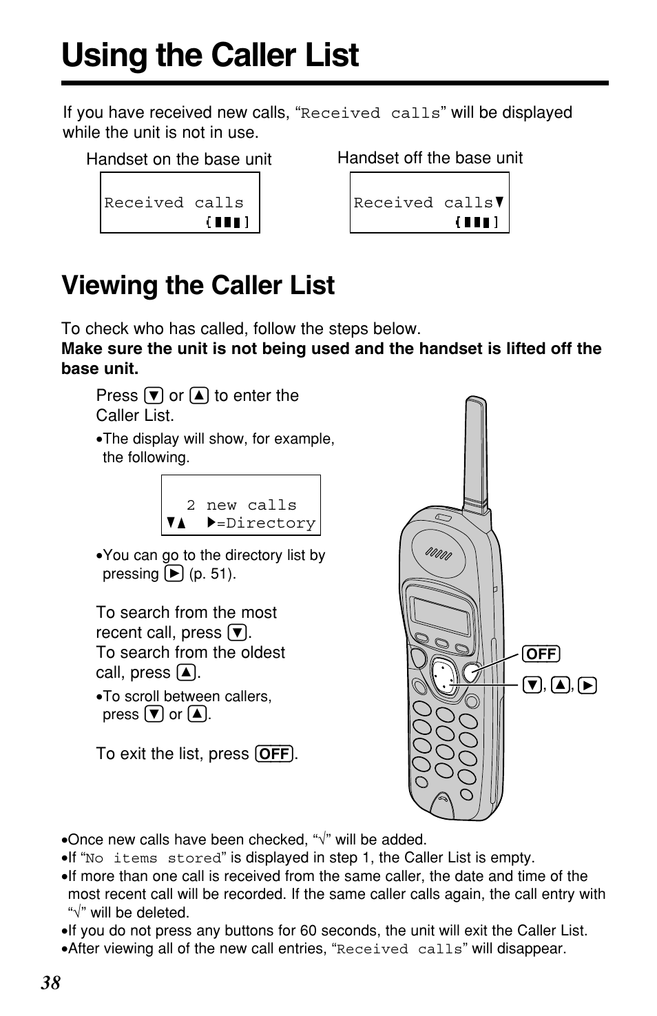 Using the caller list, Viewing the caller list | Panasonic KX-TG2257S User Manual | Page 38 / 96