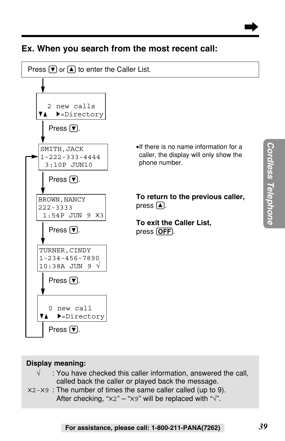 39 cordless telephone, Ex. when you search from the most recent call | Panasonic KX-TG2257S User Manual | Page 39 / 96