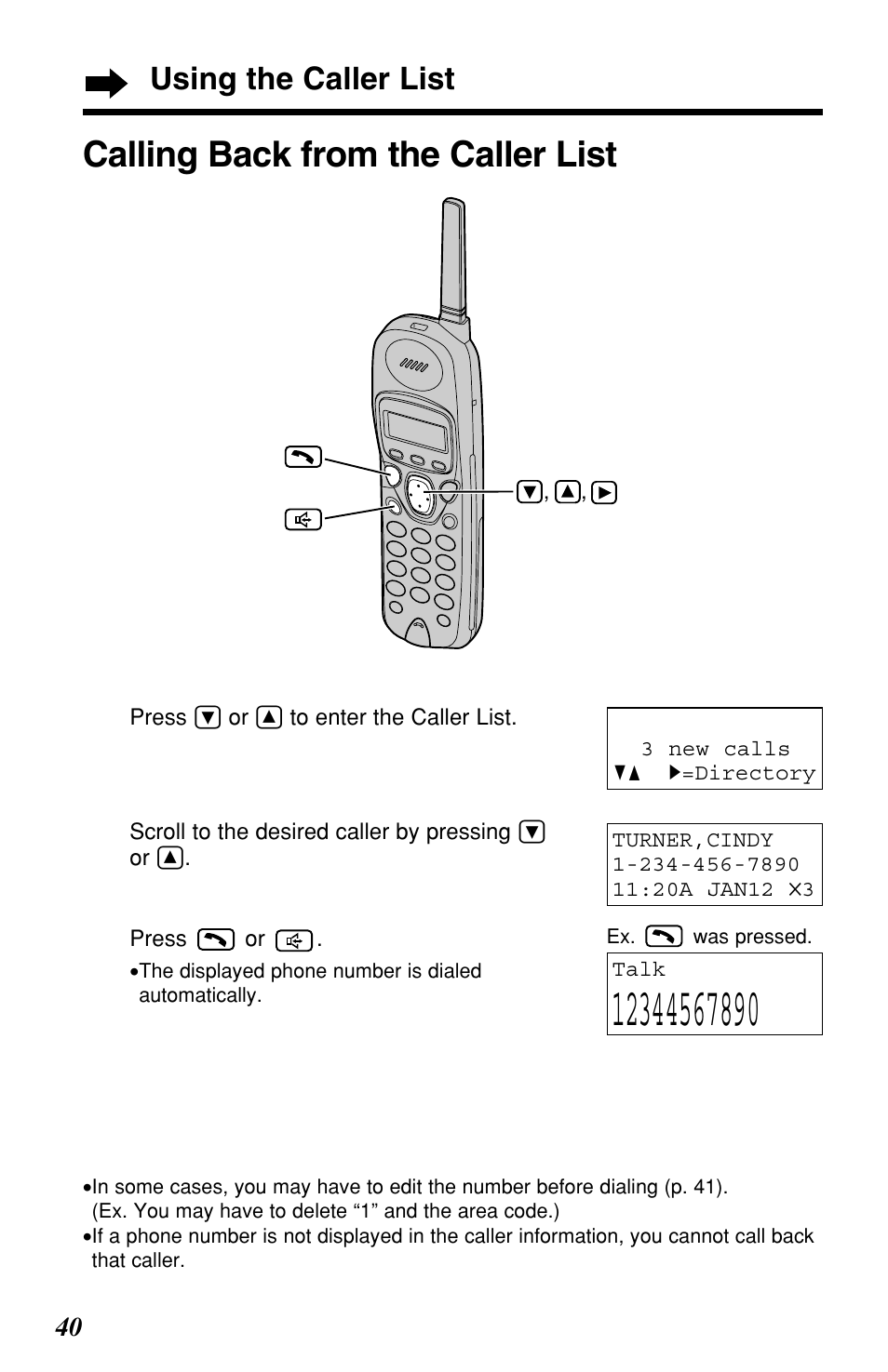 Calling back from the caller list, Using the caller list | Panasonic KX-TG2257S User Manual | Page 40 / 96