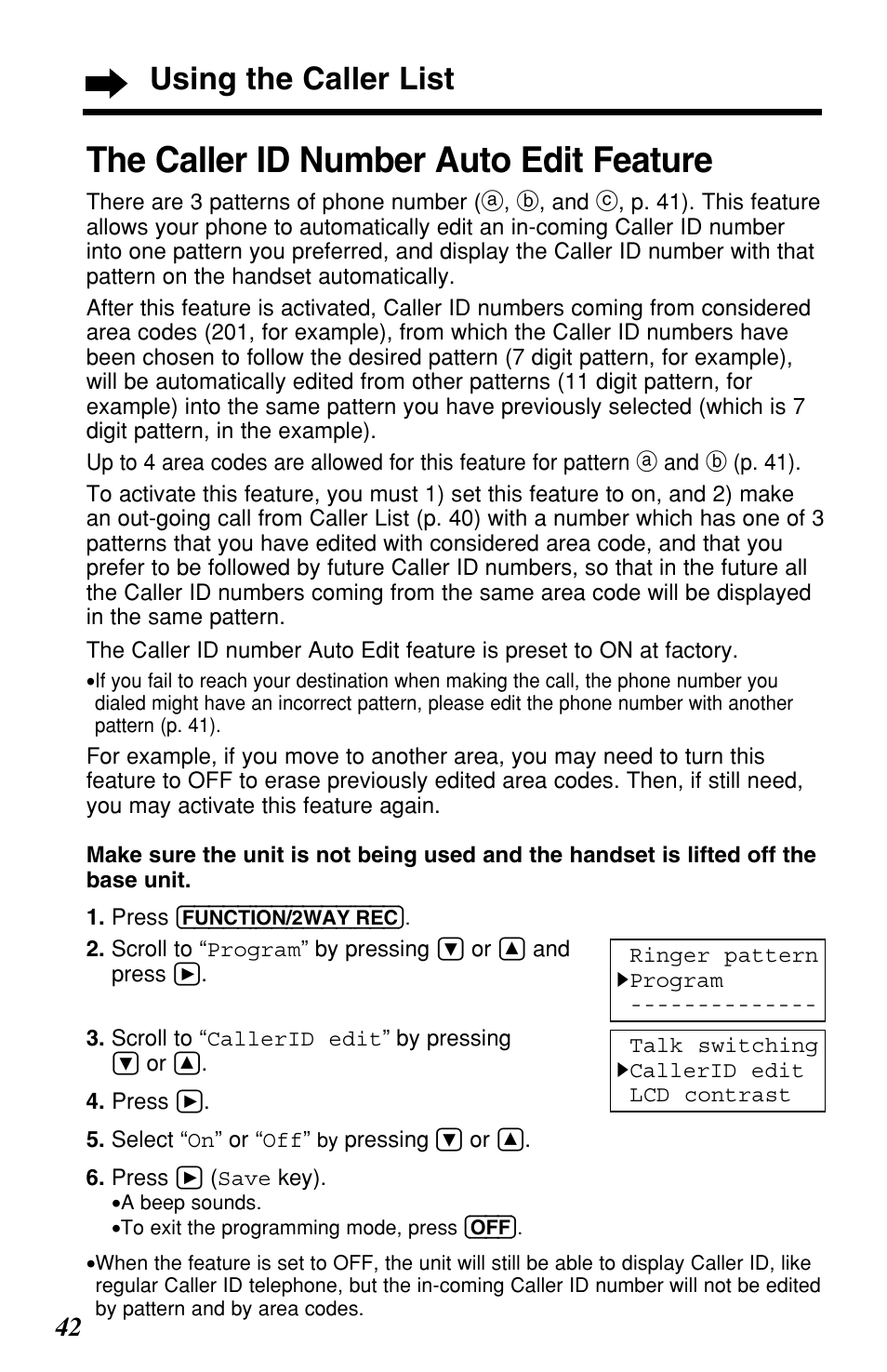 The caller id number auto edit feature, Using the caller list | Panasonic KX-TG2257S User Manual | Page 42 / 96