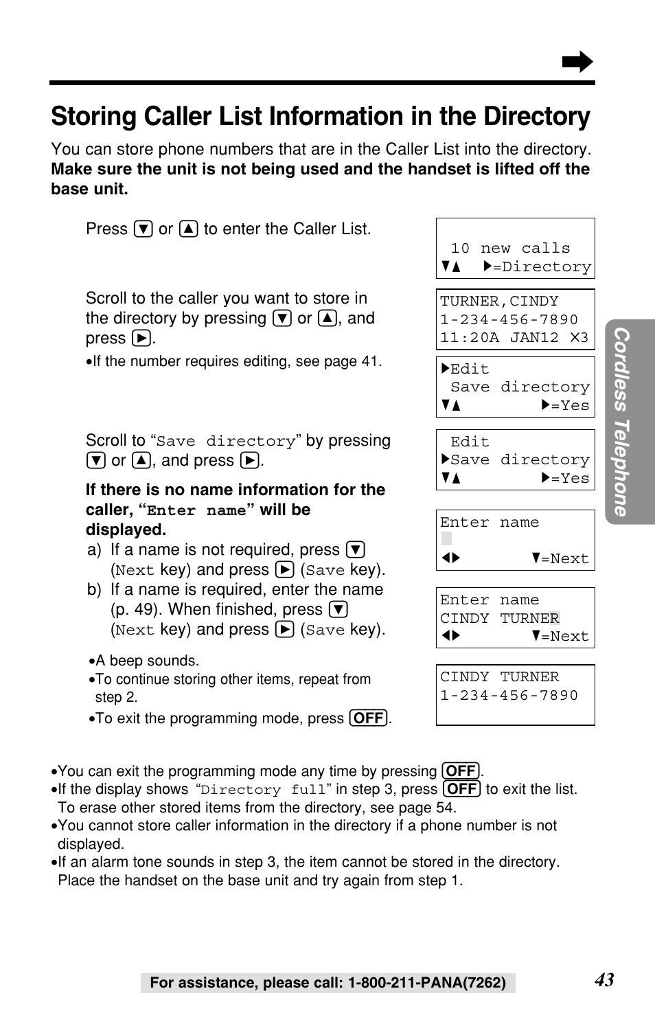 Storing caller list information in the directory, 43 cordless telephone | Panasonic KX-TG2257S User Manual | Page 43 / 96