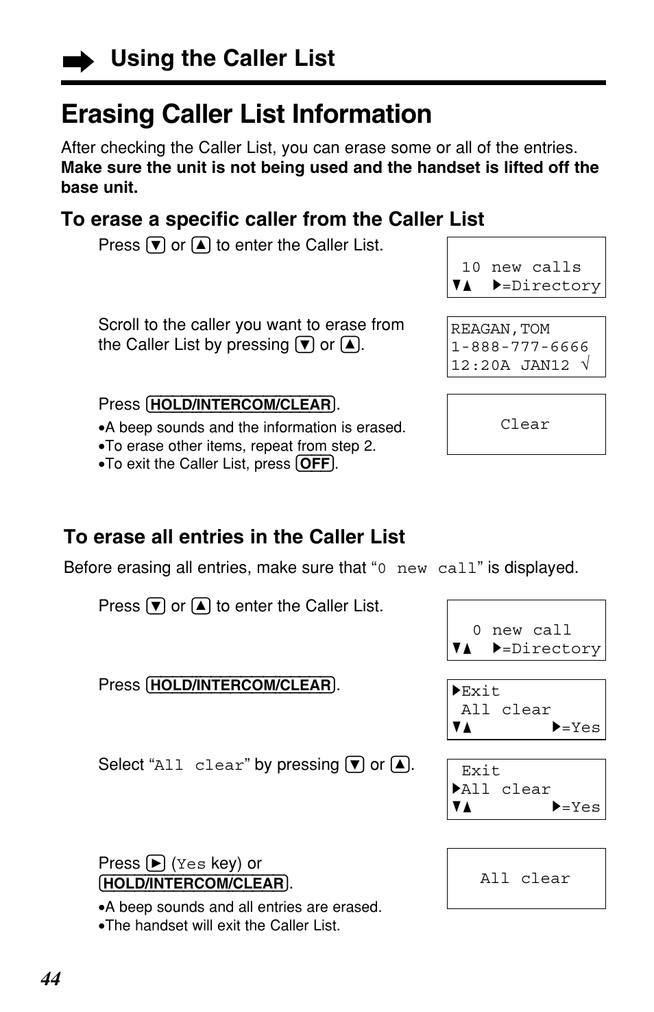 Erasing caller list information, Using the caller list | Panasonic KX-TG2257S User Manual | Page 44 / 96