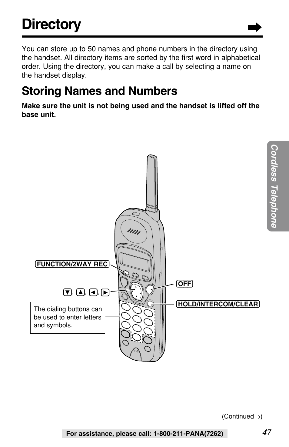 Directory, Storing names and numbers | Panasonic KX-TG2257S User Manual | Page 47 / 96