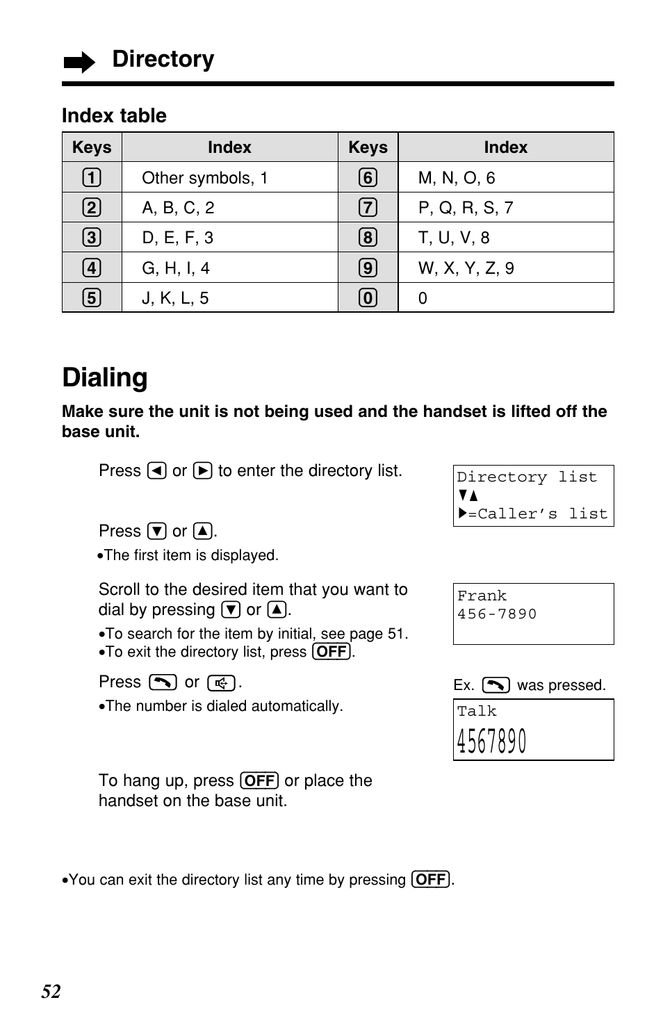 Dialing, Directory | Panasonic KX-TG2257S User Manual | Page 52 / 96