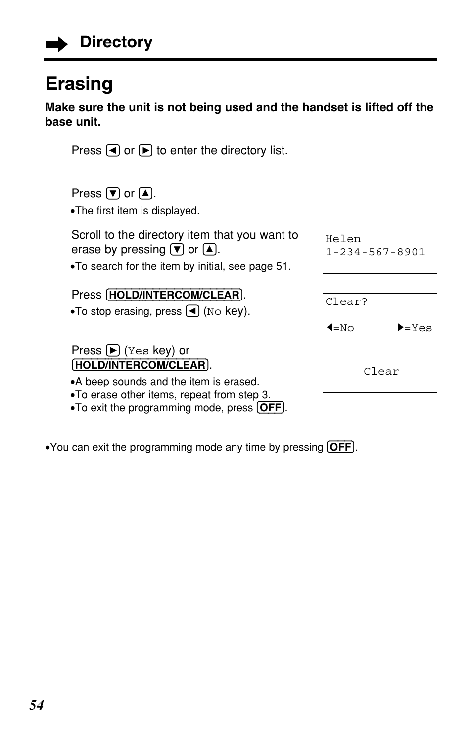 Erasing, Directory | Panasonic KX-TG2257S User Manual | Page 54 / 96