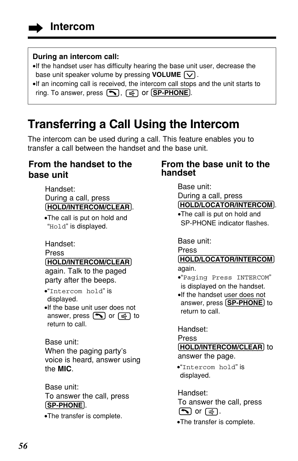 Transferring a call using the intercom, Intercom | Panasonic KX-TG2257S User Manual | Page 56 / 96
