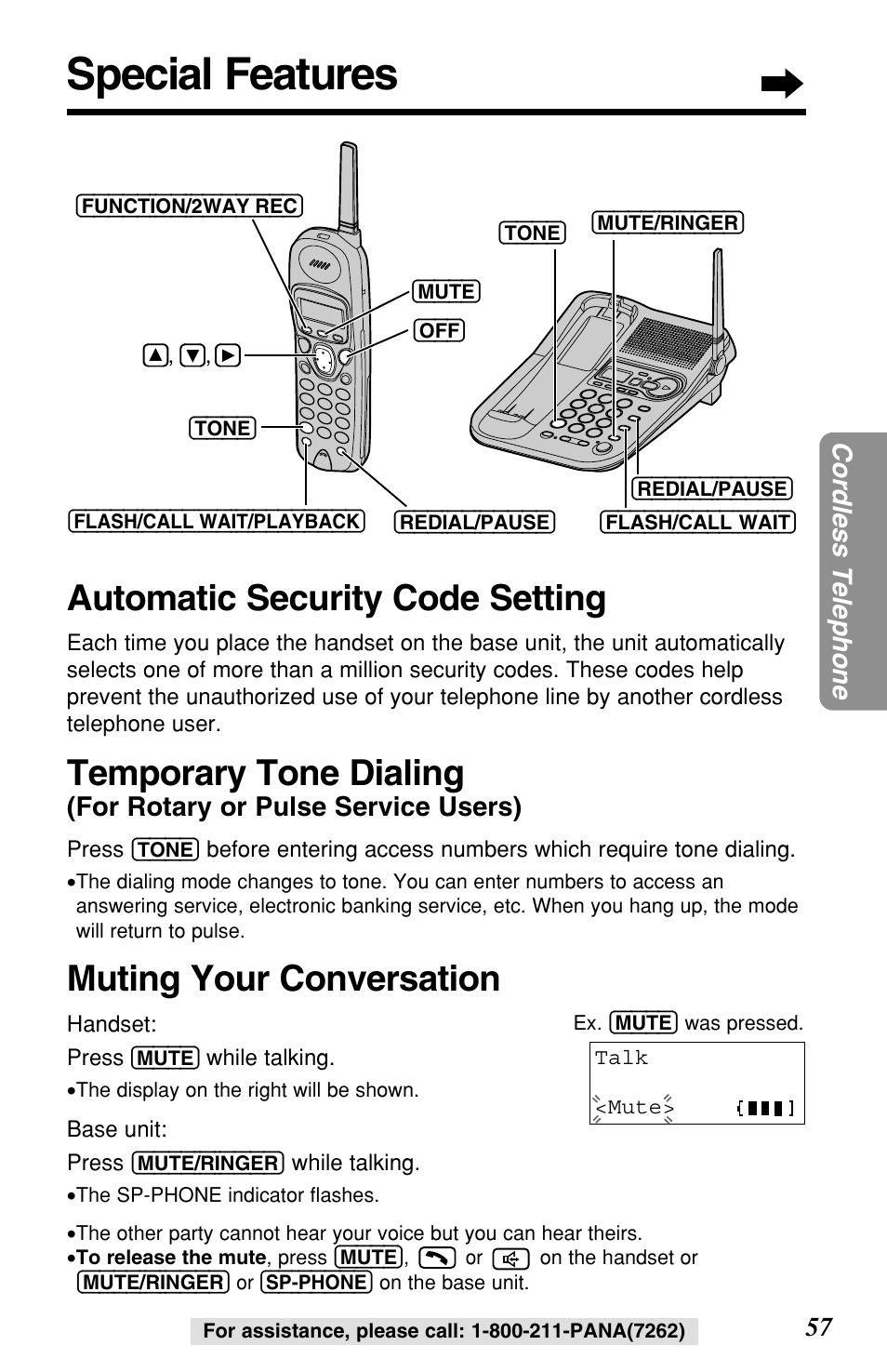 Special features, Automatic security code setting, Temporary tone dialing | Muting your conversation, 57 cordless telephone, For rotary or pulse service users) | Panasonic KX-TG2257S User Manual | Page 57 / 96