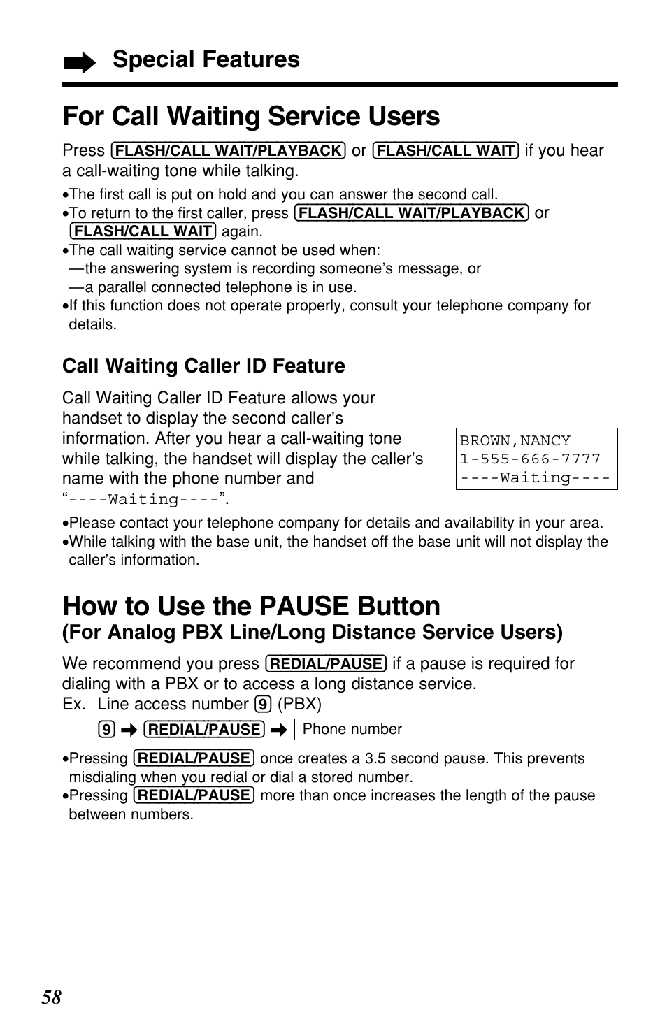 For call waiting service users, How to use the pause button, Special features | Call waiting caller id feature, For analog pbx line/long distance service users) | Panasonic KX-TG2257S User Manual | Page 58 / 96