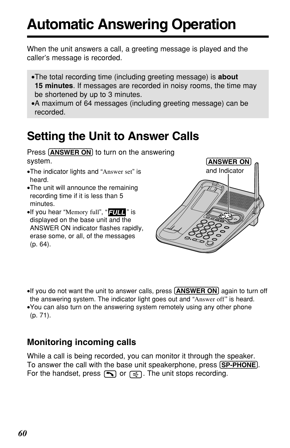Answering system, Automatic answering operation, Setting the unit to answer calls | Monitoring incoming calls | Panasonic KX-TG2257S User Manual | Page 60 / 96