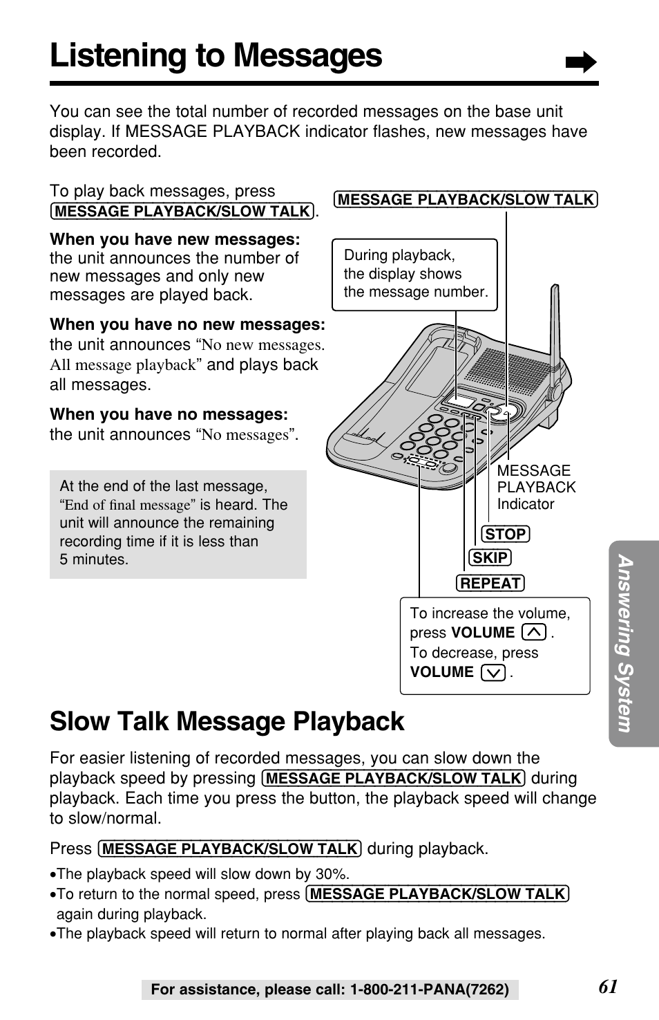 Listening to messages, Slow talk message playback, 61 answering system | Panasonic KX-TG2257S User Manual | Page 61 / 96