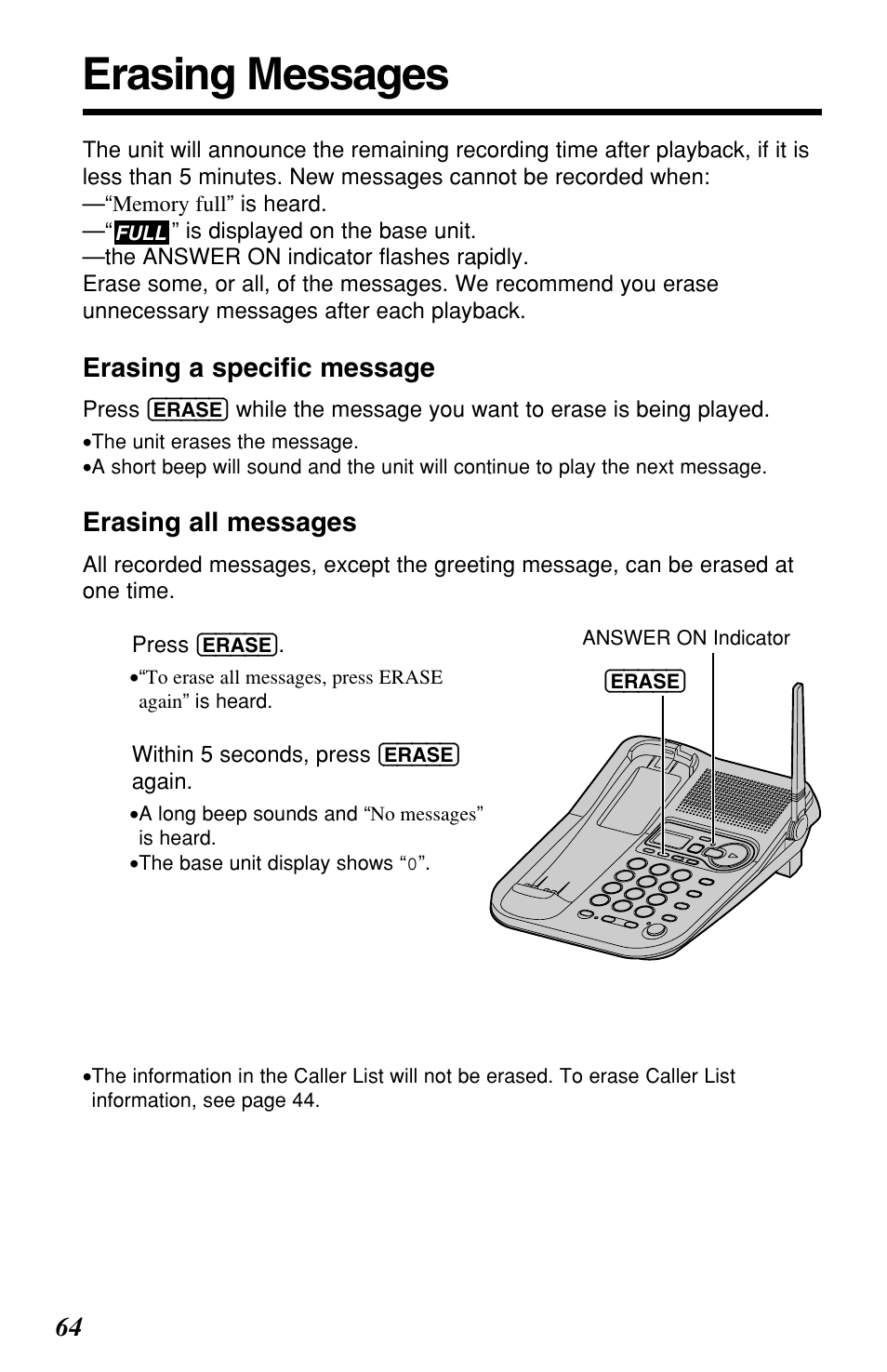 Erasing messages | Panasonic KX-TG2257S User Manual | Page 64 / 96