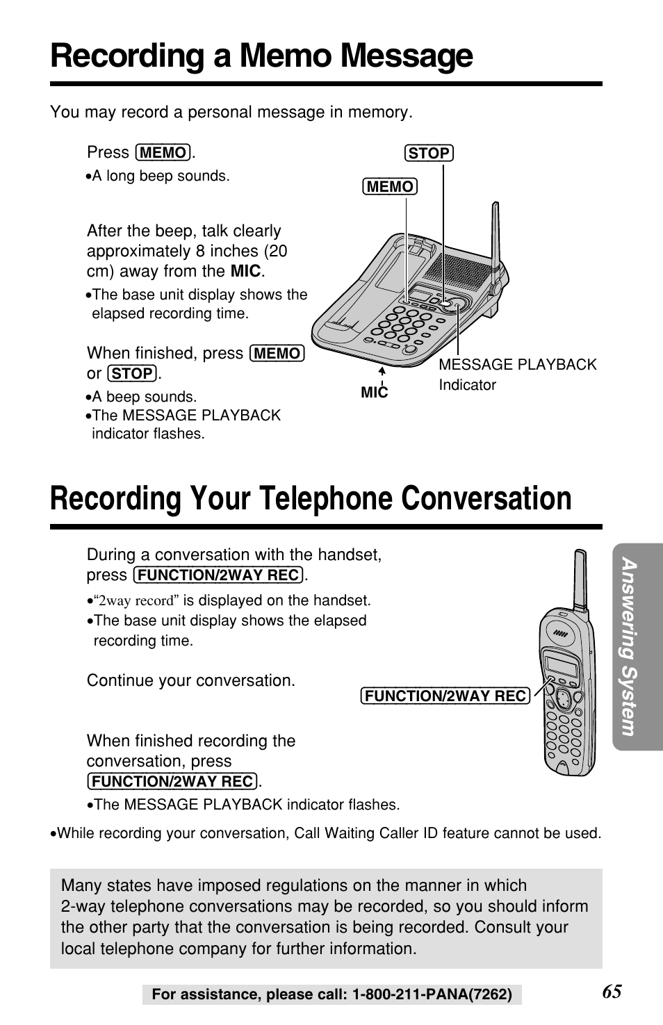 Recording a memo message, Recording your telephone conversation | Panasonic KX-TG2257S User Manual | Page 65 / 96