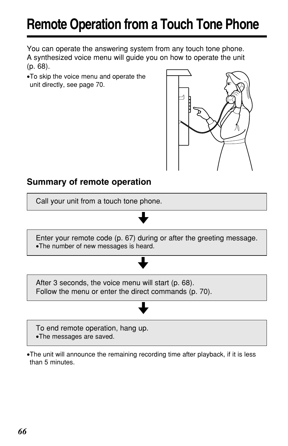 Remote operation from a touch tone phone | Panasonic KX-TG2257S User Manual | Page 66 / 96