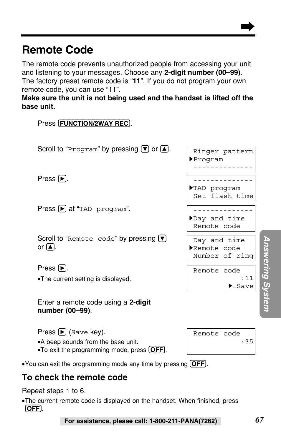 Remote code | Panasonic KX-TG2257S User Manual | Page 67 / 96