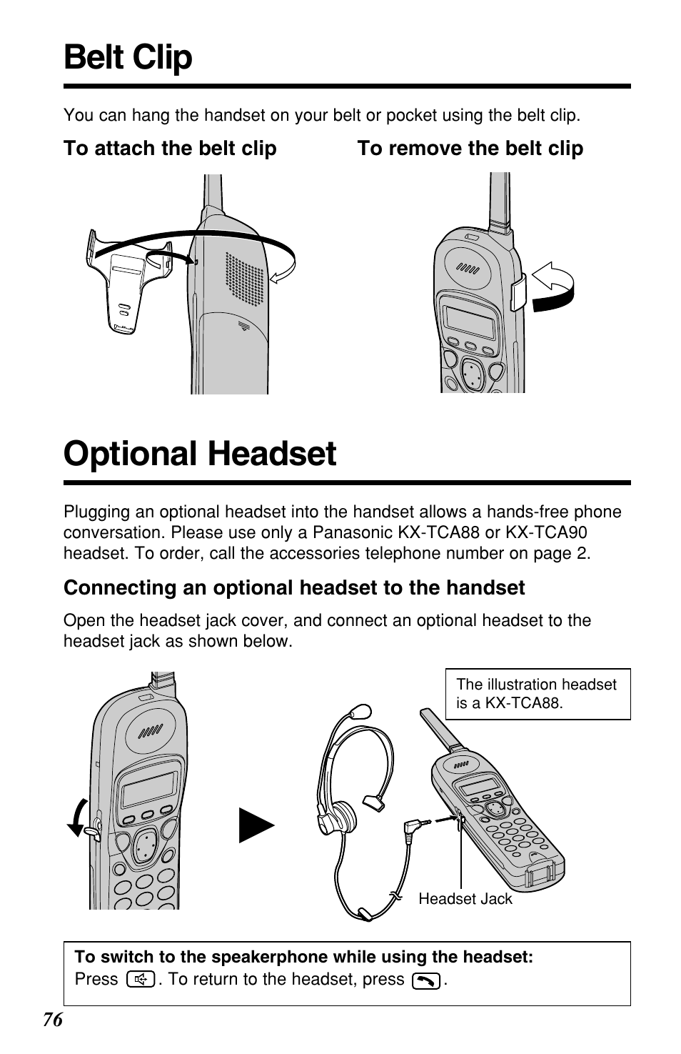 Belt clip, Optional headset | Panasonic KX-TG2257S User Manual | Page 76 / 96