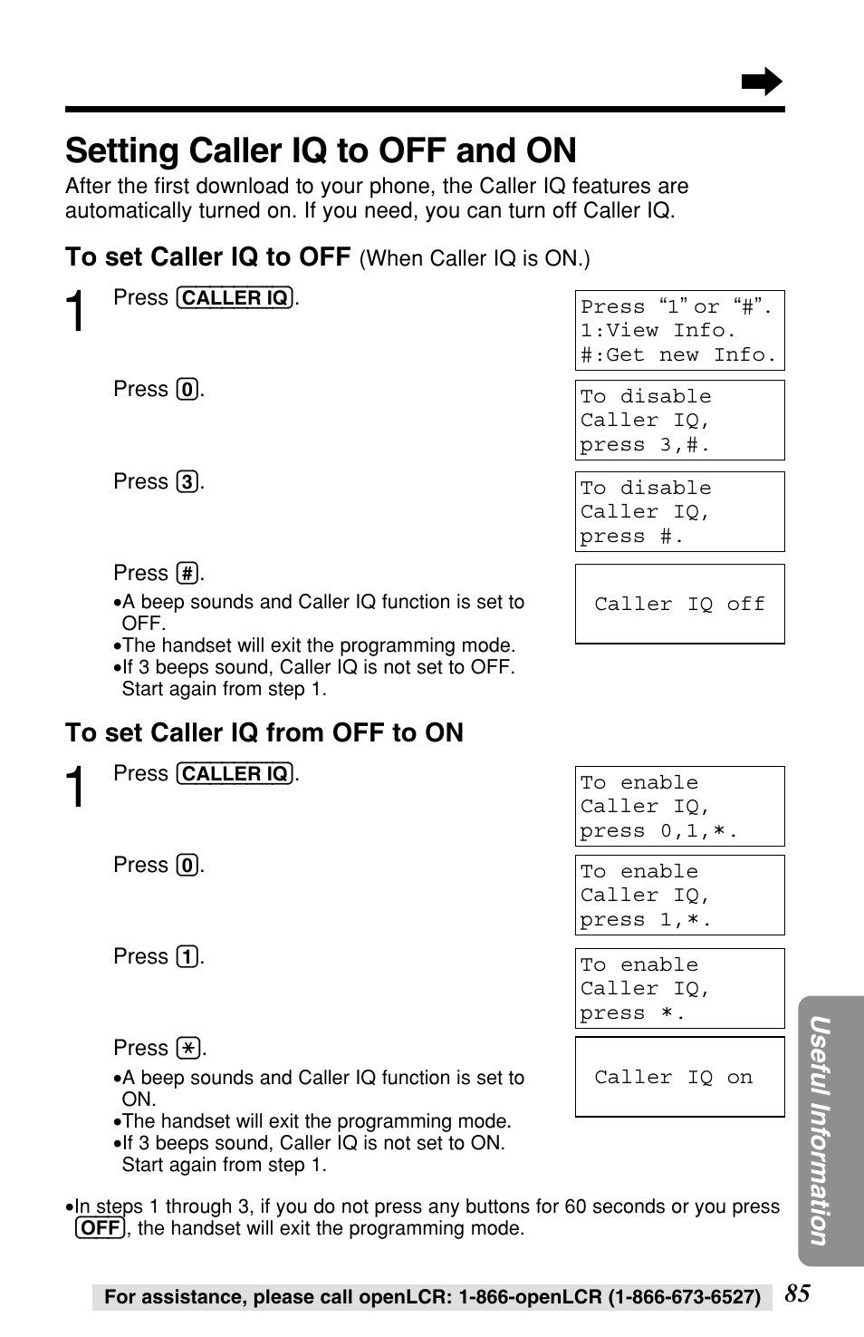 Setting caller iq to off and on | Panasonic KX-TG2257S User Manual | Page 85 / 96