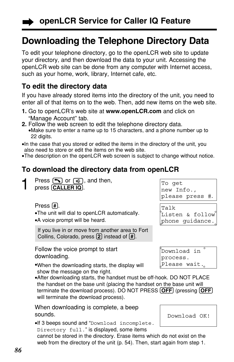 Downloading the telephone directory data, Openlcr service for caller iq feature | Panasonic KX-TG2257S User Manual | Page 86 / 96