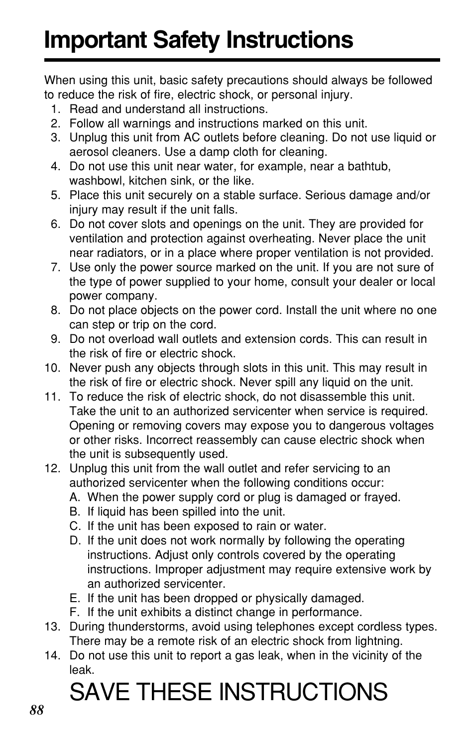 Important safety instructions, Save these instructions | Panasonic KX-TG2257S User Manual | Page 88 / 96