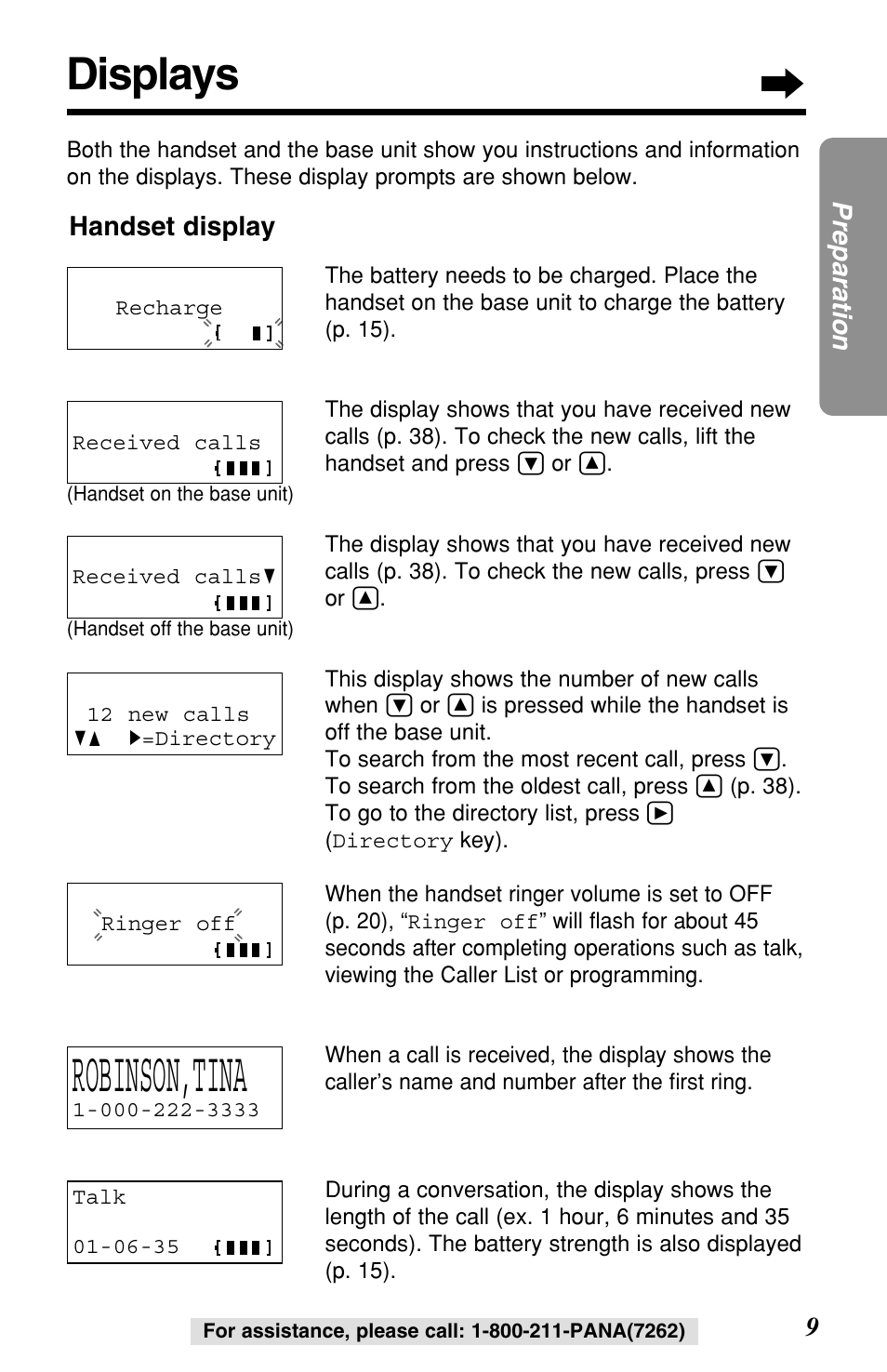 Displays, Robinson,tina, 9preparation | Handset display, This display shows the number of new calls when, P. 38). to go to the directory list, press, Ringer off, Received calls, Gf h, Handset on the base unit) | Panasonic KX-TG2257S User Manual | Page 9 / 96