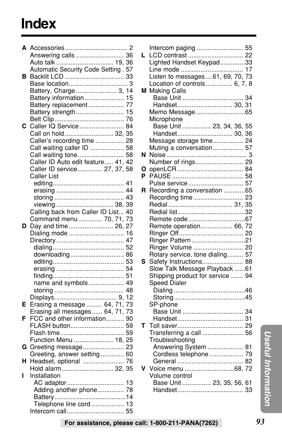 Index, 93 useful information | Panasonic KX-TG2257S User Manual | Page 93 / 96