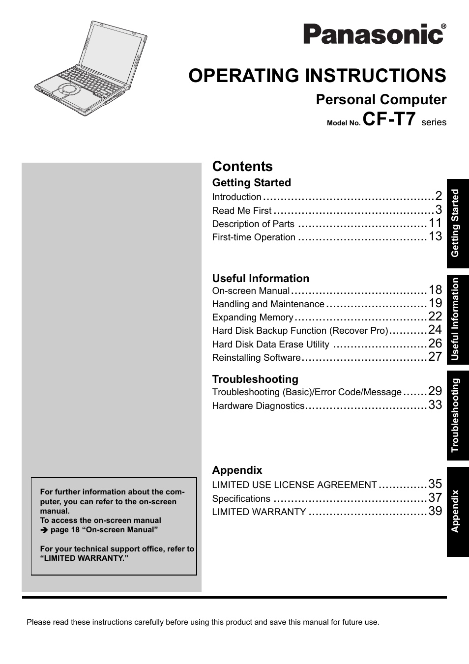 Panasonic CF-T7 User Manual | 44 pages