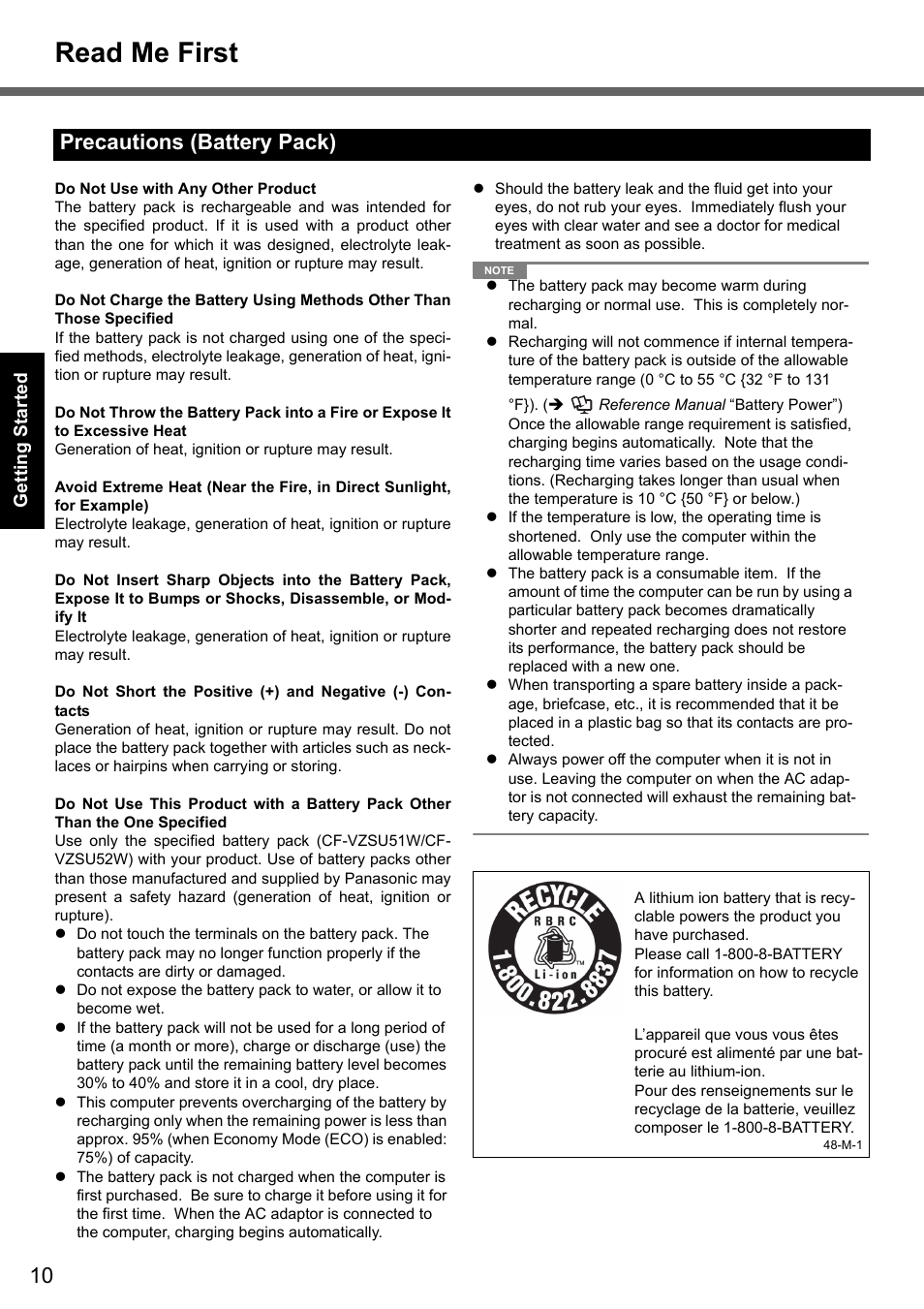 Read me first, Precautions (battery pack) | Panasonic CF-T7 User Manual | Page 10 / 44