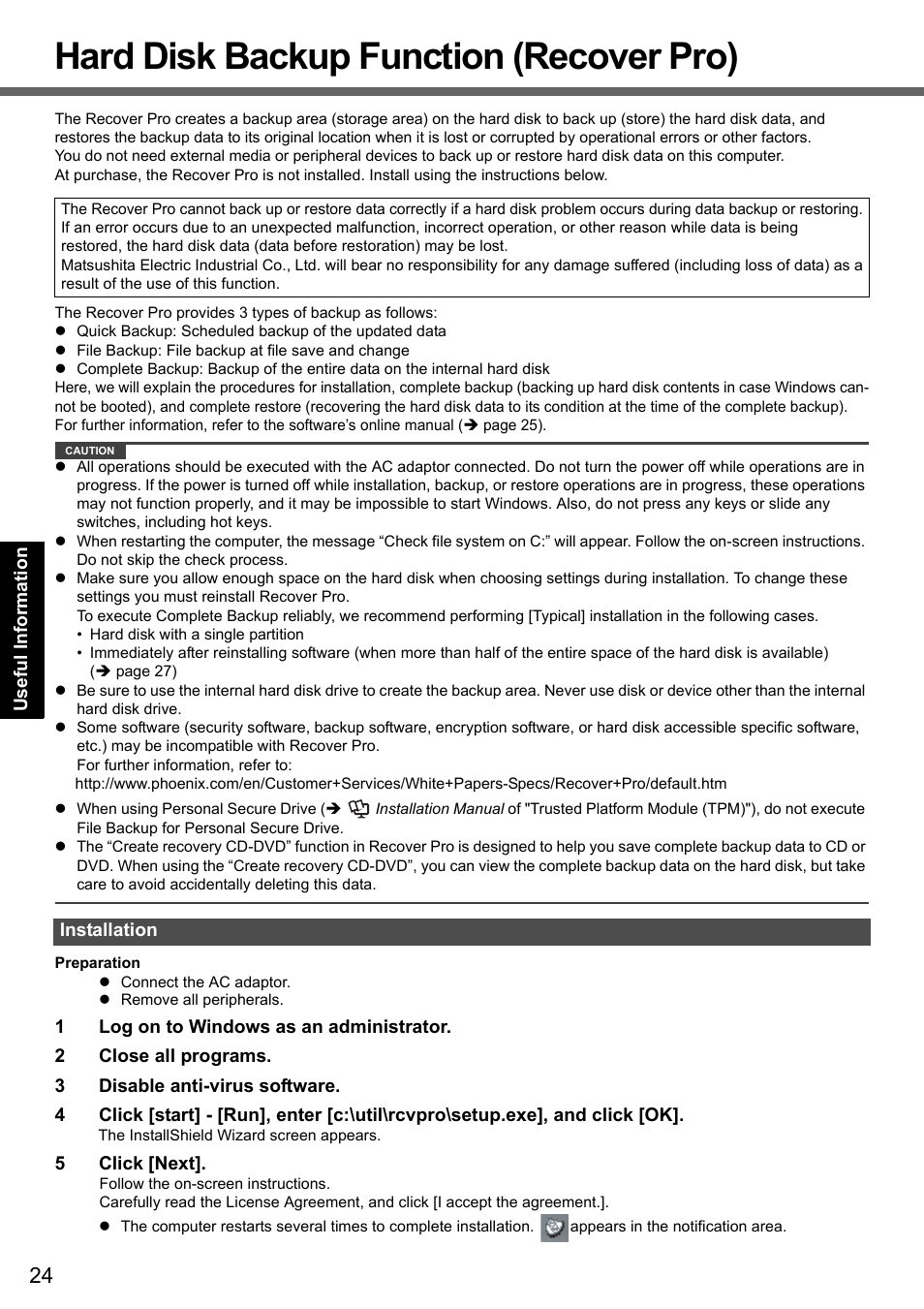 Hard disk backup function (recover pro) | Panasonic CF-T7 User Manual | Page 24 / 44