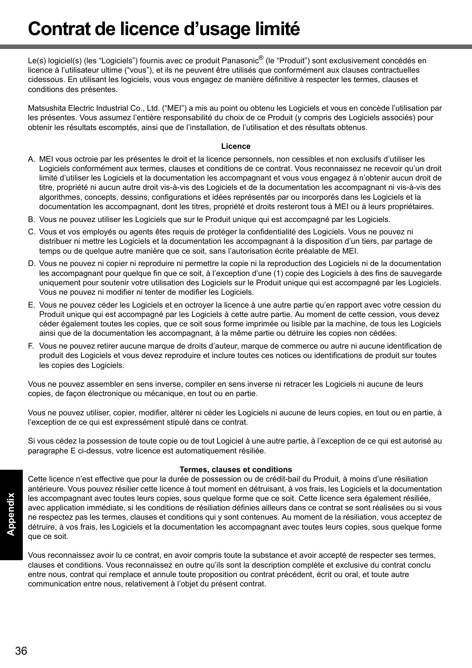 Contrat de licence d’usage limité | Panasonic CF-T7 User Manual | Page 36 / 44