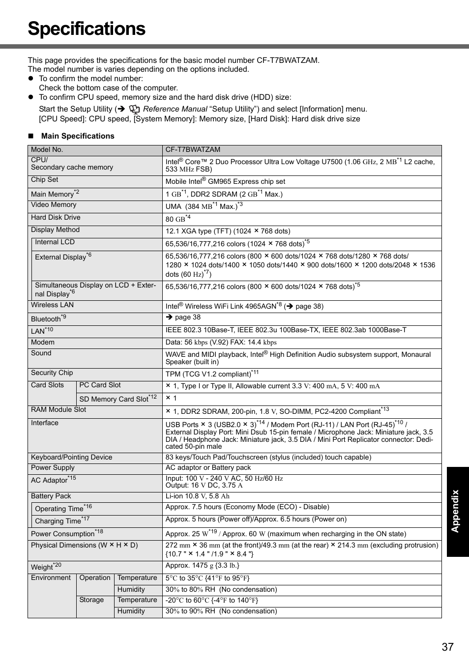 Specifications | Panasonic CF-T7 User Manual | Page 37 / 44