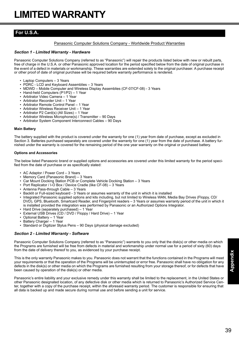 Limited warranty, For u.s.a | Panasonic CF-T7 User Manual | Page 39 / 44